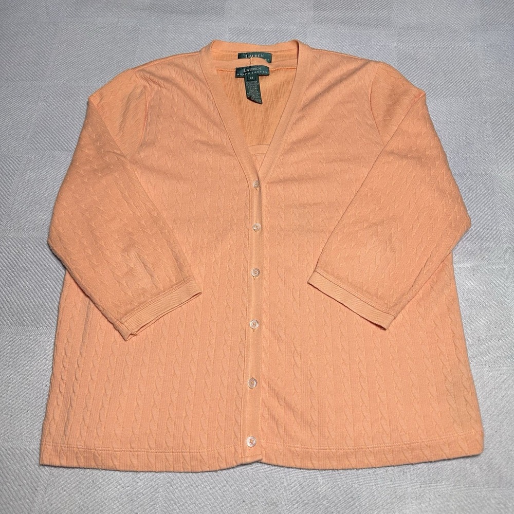Lauren Ralph Lauren Cardigan & Tank Set Womens Medium Cable Knit Cotton Peach